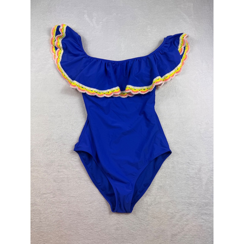 Arizona Jean Co Blue Ruffle Crochet Trim One Piece Swimsuit Large AZ2028M New